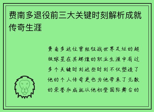 费南多退役前三大关键时刻解析成就传奇生涯