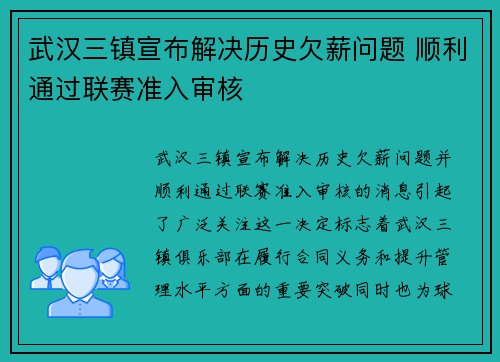 武汉三镇宣布解决历史欠薪问题 顺利通过联赛准入审核