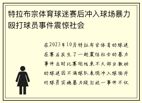 特拉布宗体育球迷赛后冲入球场暴力殴打球员事件震惊社会